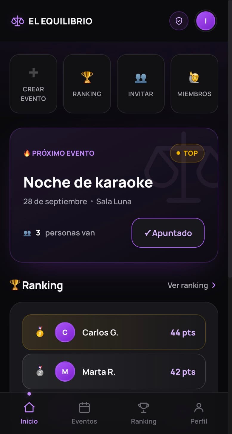 Inicio de El Equilibrio con el próximo evento y el ranking